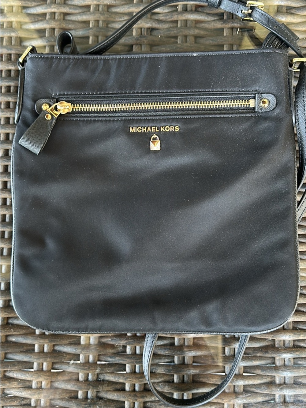 Michael Kors Black Nylon Messenger Bag with Gold Hardware